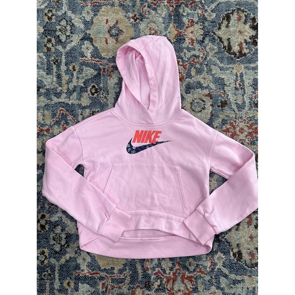 Nike Hoodie Girls Small Pink Cropped Graphic Logo Pullover EUC